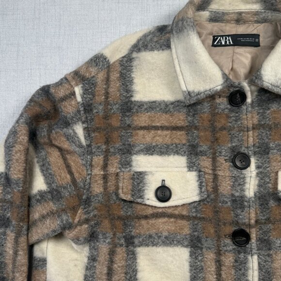 Zara Plaid Wool Blend Overshirt Jacket Brown Cream Button-Down Pockets Size XXL - Picture 4 of 14